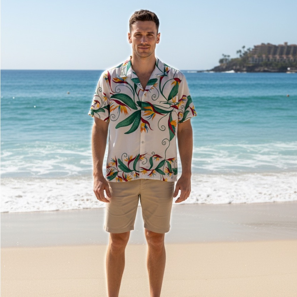 Hilo Hattie White and Green Tropical Button Down Shirt